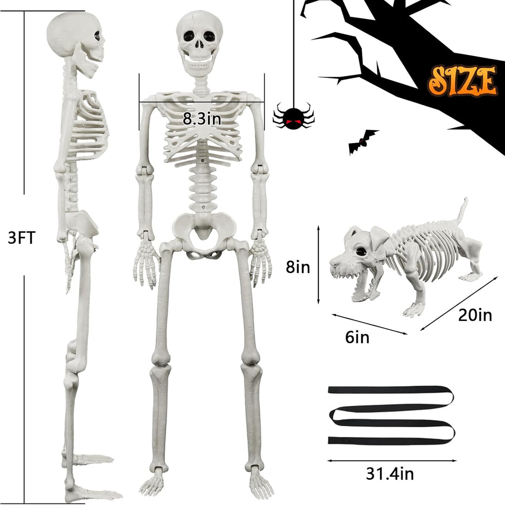 Lighted Human & Dog Skeleton Halloween Decorations Outdoor/Indoor - 36 Inch Realistic Full Body Movable Posable