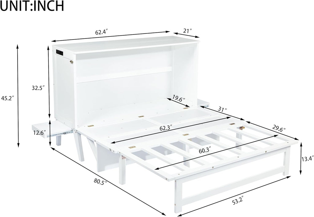 Queen Murphy Bed Cabinet with USB Ports and Removable Shelves, Solid Pine Foldable Wall Bed with Front Desk for Guest
