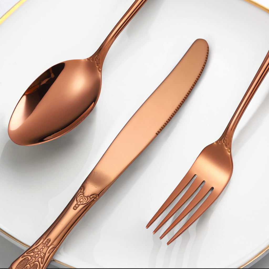 Royal Flatware Set for 4 Copper/Rose Gold Silverware Stainless Steel Cutlery 20 Piece With Vintage Relief Deisgn