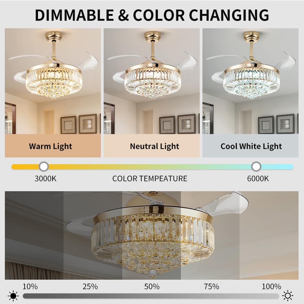 42'' Fandelier Ceiling Fans with Light, Chandelier Ceiling Fan, Retractable Crystal Ceiling Fan , 3 Color Change