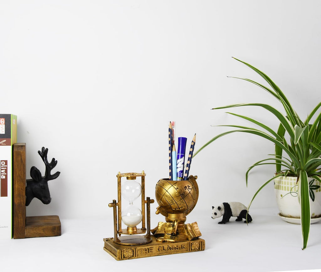 Globe-Themed Pencil Holder with Hourglass, Resin Desktop Organizer & Study, Pen Holder with Sand Timer, Classic Globe