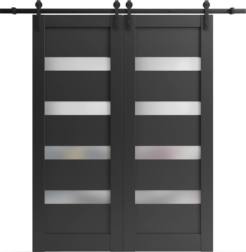 Sliding Double Barn Doors with Hardware | Quadro 4113 Matte Black with Frosted Opaque Glass | 13FT R