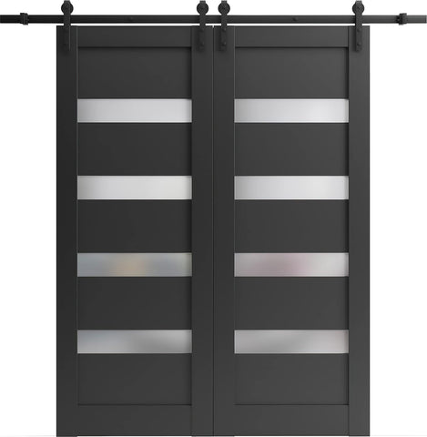 Sliding Double Barn Doors with Hardware | Quadro 4113 Matte Black with Frosted Opaque Glass | 13FT R