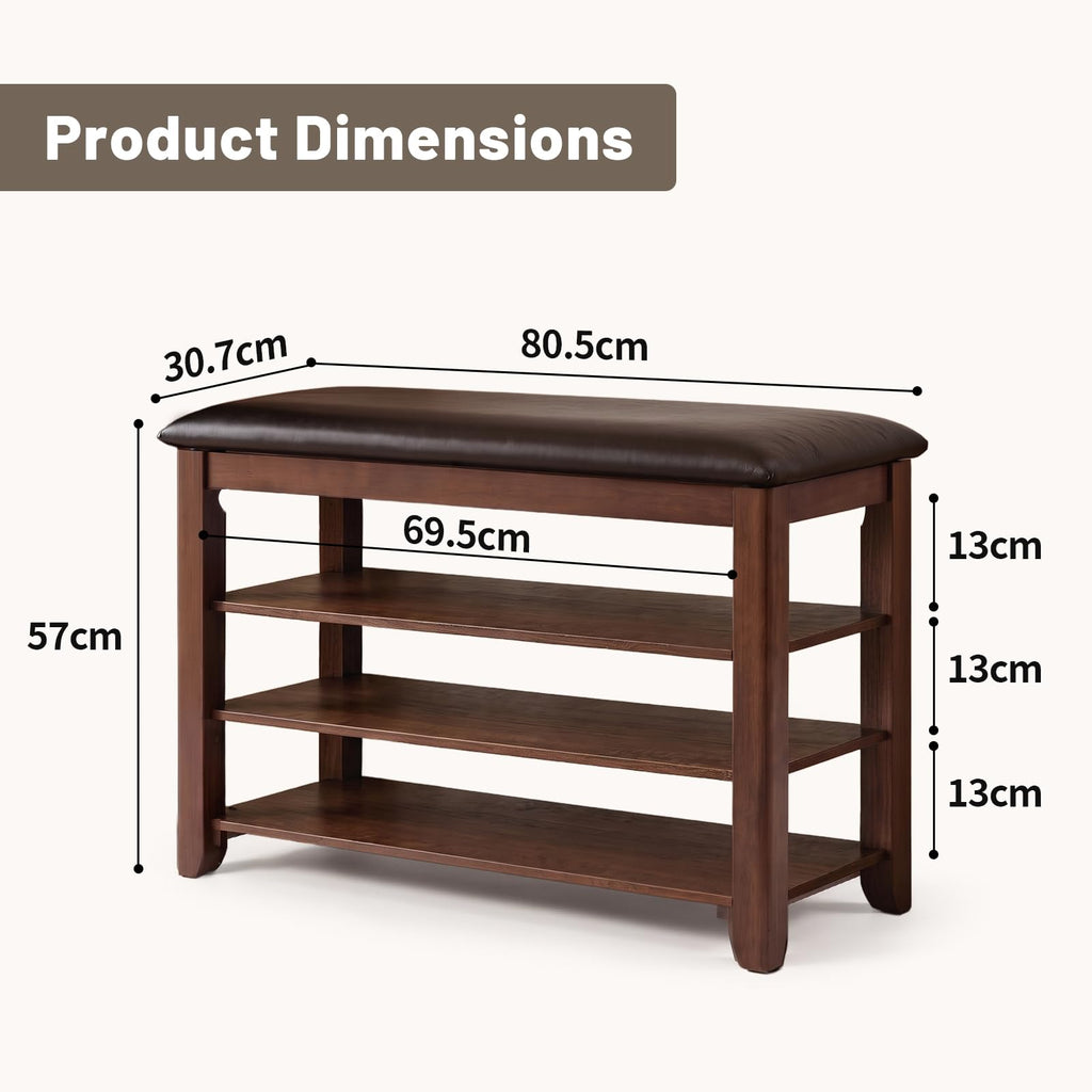 Solid Wood Shoe Rack Bench Bench with Leather Cushion