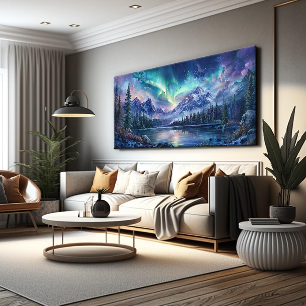 A Borealis Canvas Wall Art Northern Lights Wall Printing Farmhouse Abstract Snow Mountain Tree Forest Scenery Canvas