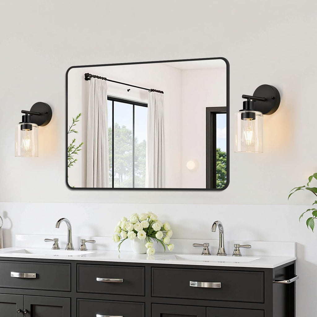 Set of 2 Wall Sconces ,Black Modern Vanity Lights with Clear Glass Shade,Bathroom Wall Lamp for Mirror Kitchen Living