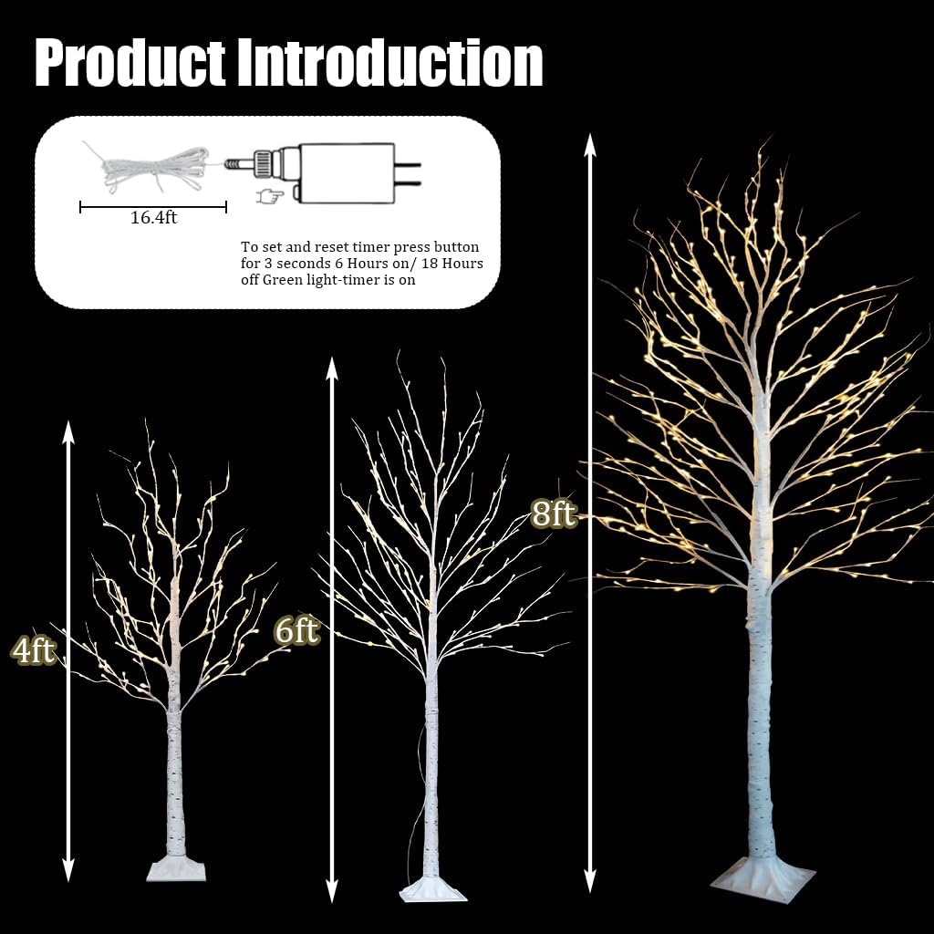 Set of 3 Lighted Birch Tree, 4FT 6FT 8FT White Artificial Christmas Tree with Total 456 LED Light, Prelit Waterproof