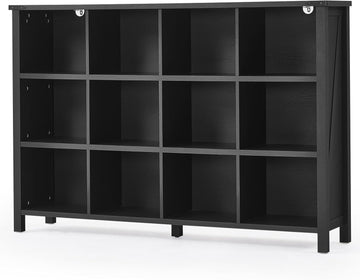 12 Cube Storage Organizer, Farmhouse 62 Inch Wide Black Oak Display Bookshelf, Wooden 3 Tier Large Open Book Shelf