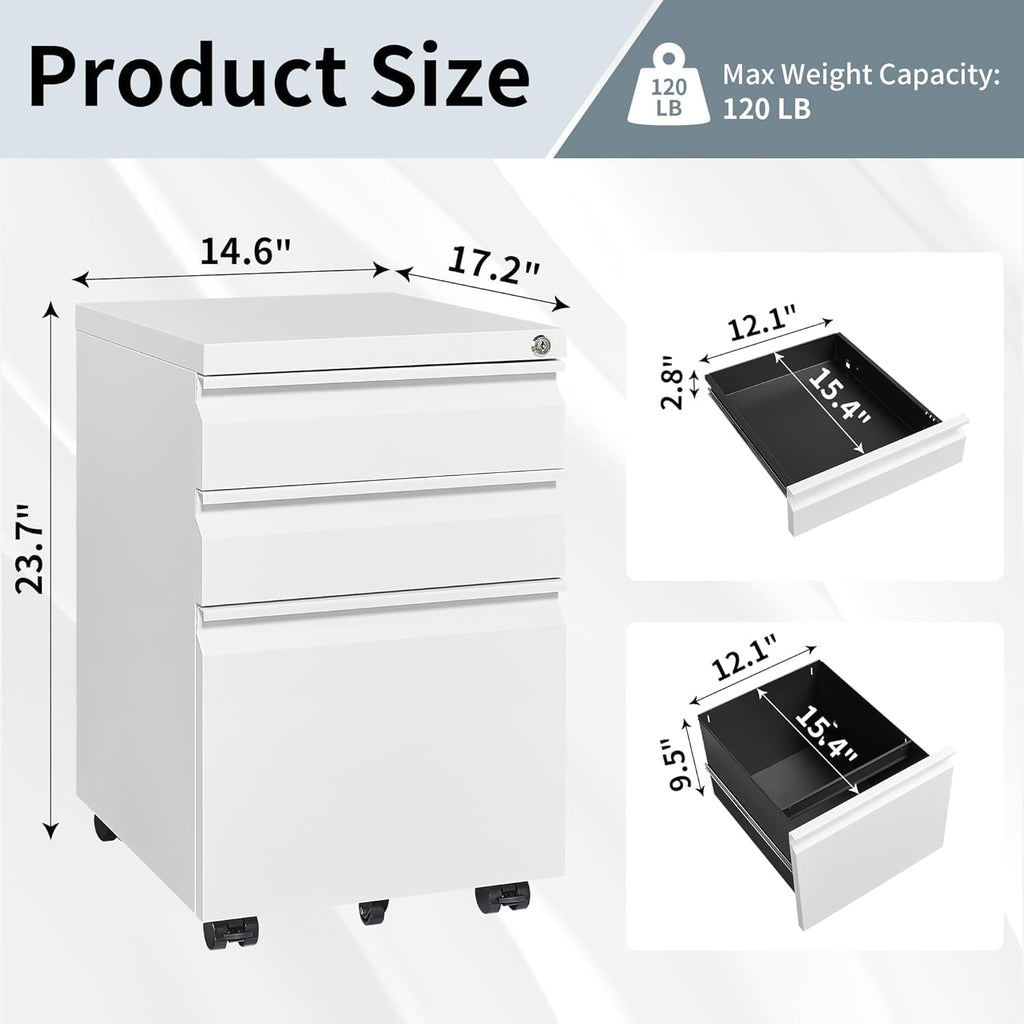 3 Drawer File Cabinet with Lock, File Cabinets ,Under Desk Cabinet, Locking File Cabinet for A4/Letter/Legal, Fully