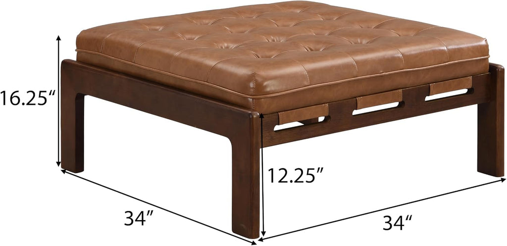 34'' Tufted Upholstered Cocktail Ottoman, Square Leather Ottoman Coffee Table, PU Leather Ottoman ,Brown