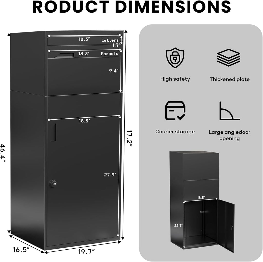Package Delivery Box, Pre-Assembled No-Install Parcel Drop Box, Weatherproof Anti-Theft Steel Design (Forged Iron Black)