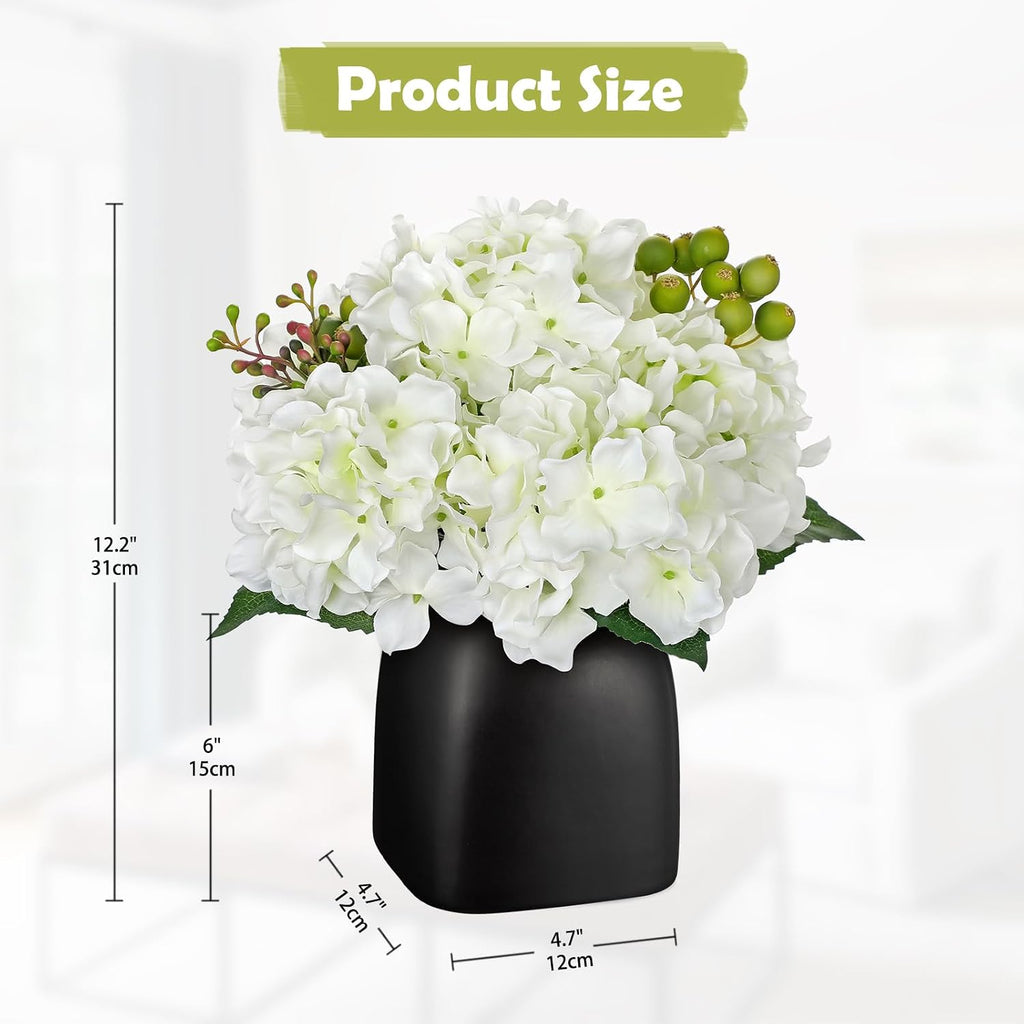 Artificial White Hydrangea Arrangement, Matte Black Vase Centerpiece