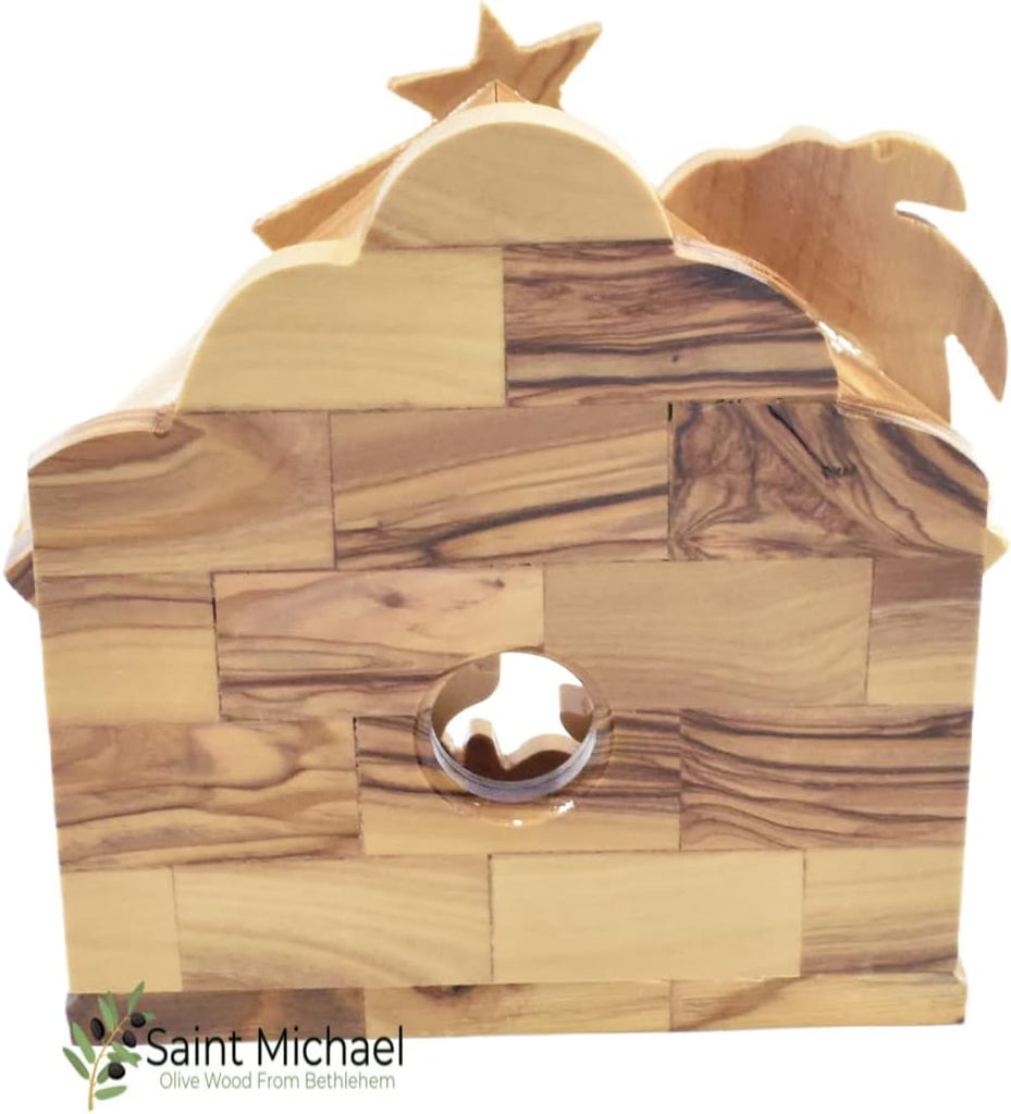 Olive Wood Nativity Set for Christmas Indoor Décor, Handcrafted Bethlehem Manger Scene with Holy Family, Wooden