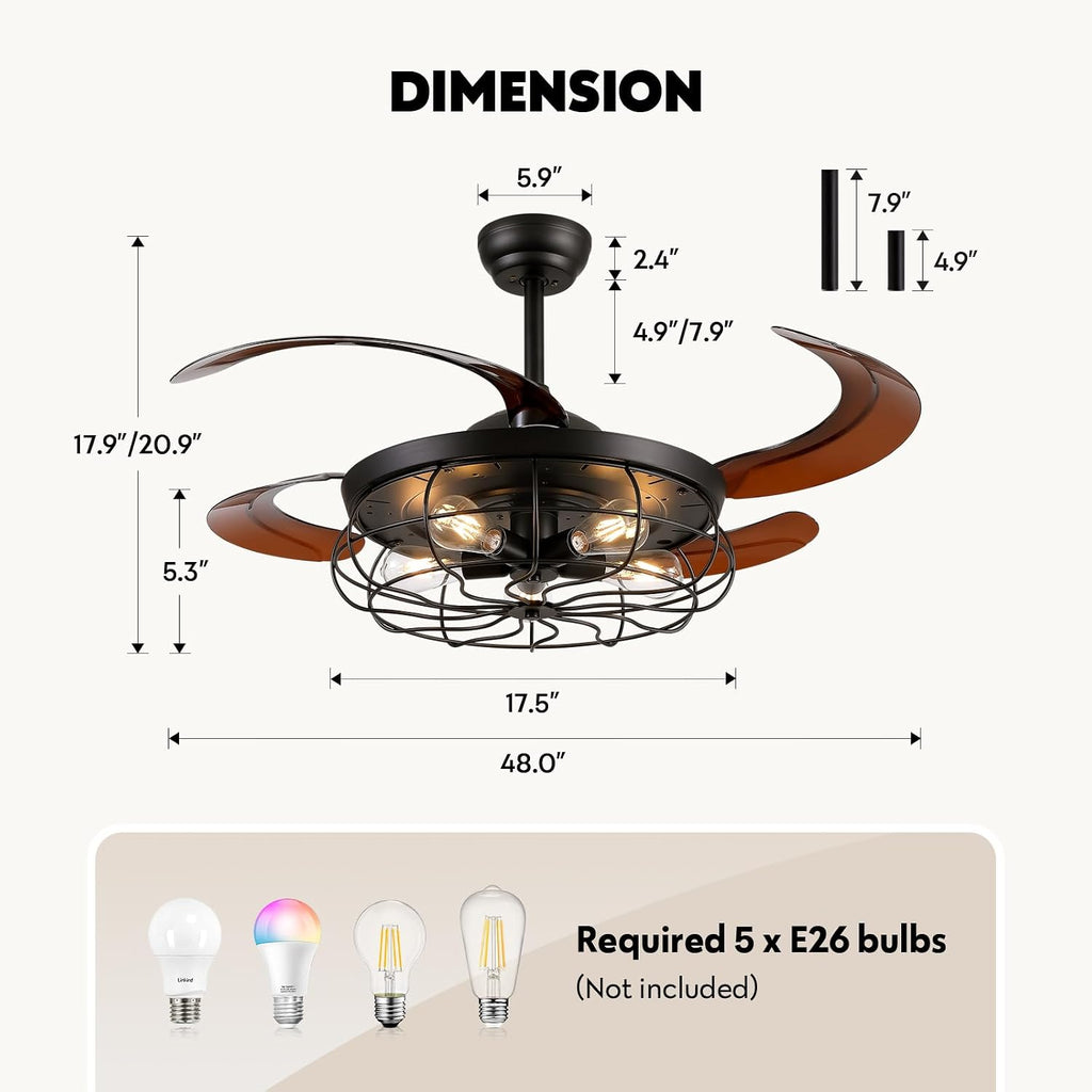 48" Industrial Caged Ceiling Fan with Light and Remote, Vintage Retractable Blades Ceiling Fan with Lights, Farmhouse