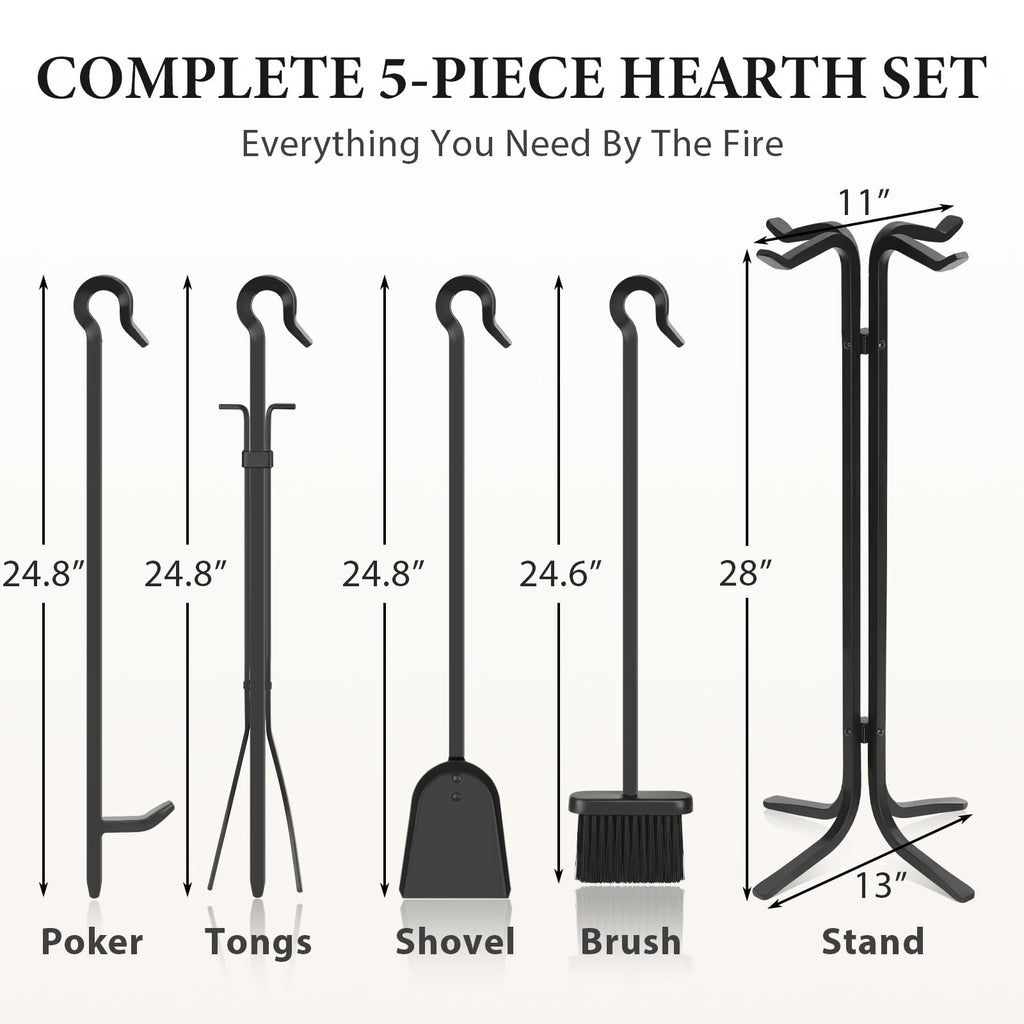 Hand Forged Fireplace Tool Set with Stand, Wrought Iron 5 Piece 28 Inch Steel Fire Tools, Poker Tongs Shovel Brush