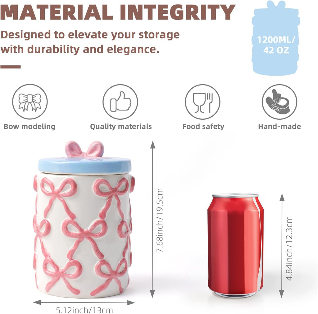 Cookie Jars with Lid Airtight, 42 OZ Large Ceramic Food Storage Containers, Cute Pink Bow Kitchen Canisters