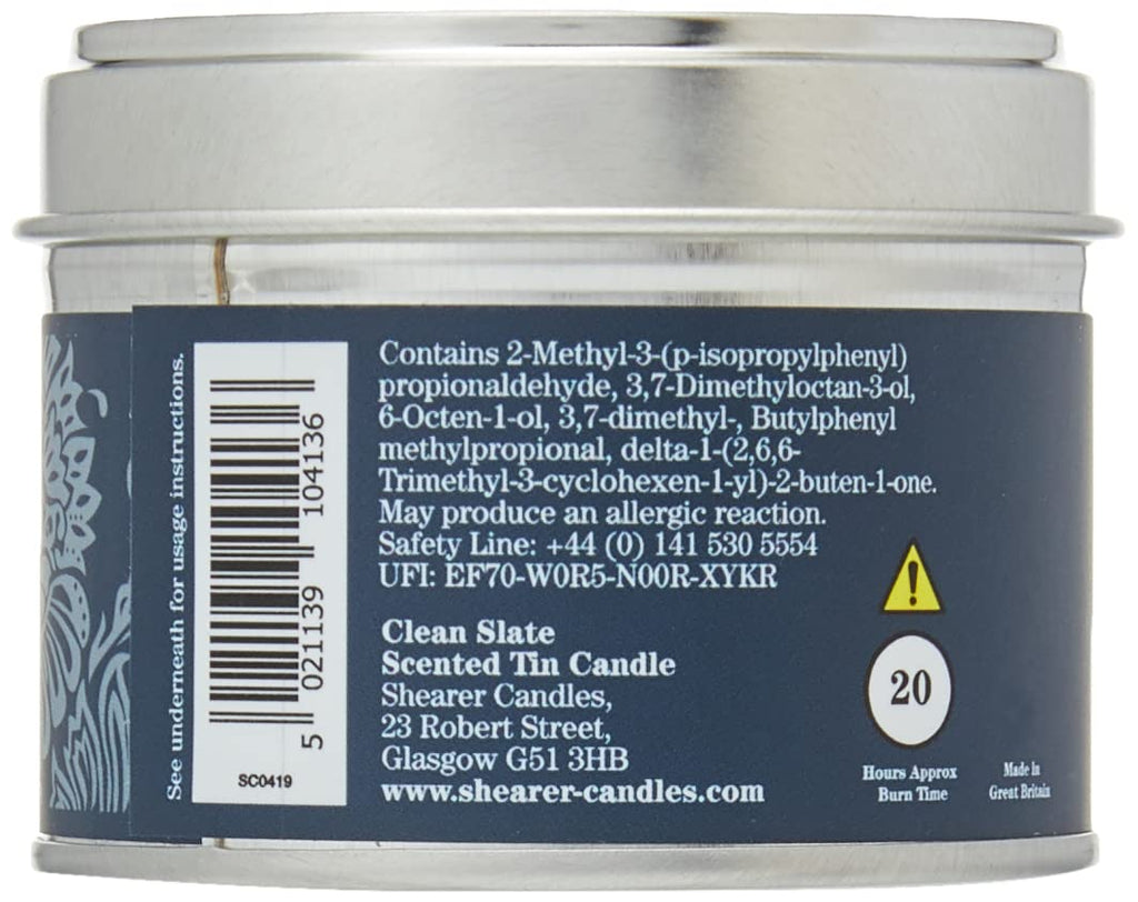 Clean Slate, Scented, Tin, Cotton Wick, Fragrance & Essential Oils, Grey, White Silver, Small