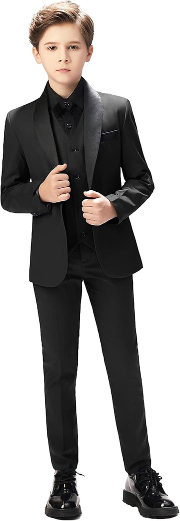 Boys Tuxedo Formal Suits 3 Piece,Shawl Lapel Jacket Vest and Pants