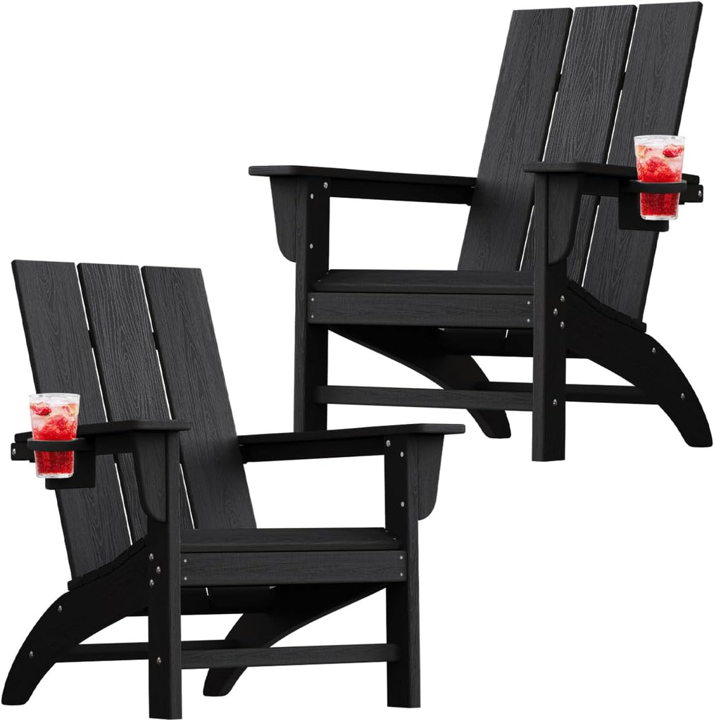 Modern Adirondack Chairs Set of 2, Cup Holder, HDPE Plastic Patio Chairs | Wood Texture Outdoor Chairs, Lawn Chairs