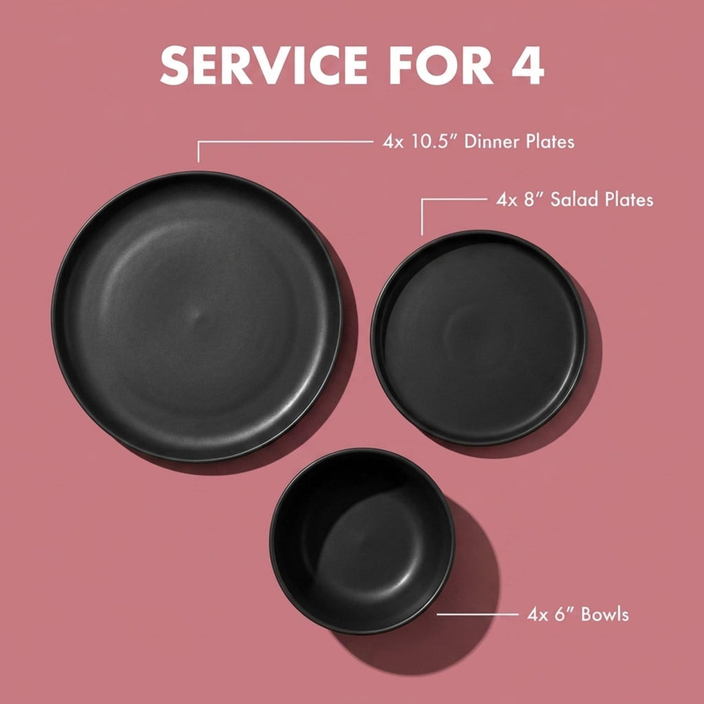 Matte Black Dinnerware Set, Stoneware Plates and Bowls, Set for 4