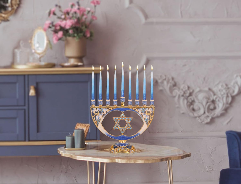Hanukkah - Fits All Standard Chanukah Candles - Modern Jeweled Candle Menorahs for Chanukah - Blue Traditional Star