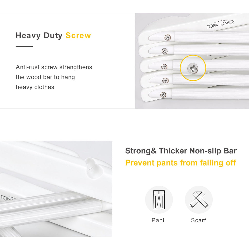 All White Wooden Hangers, Solid Wood Suit Hangers with Extra Thick Hook and Non Slip Pants Bar, Heavy Duty Coat