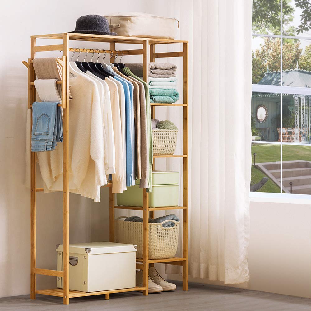 Bamboo Garment Rack with 6 Tier Storage Shelves & Hanging Rod