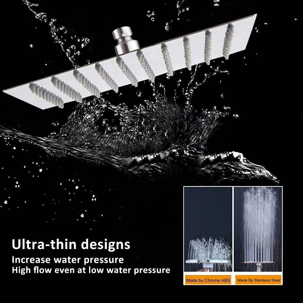 Rain Shower Head, High Flow Stainless Steel Square Rainfall Shower, High Pressure Design, Awesome Shower Experience