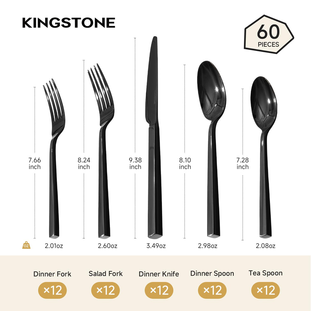 Black Silverware Set for 12, 60 Piece Flatware Set, Stainless Steel