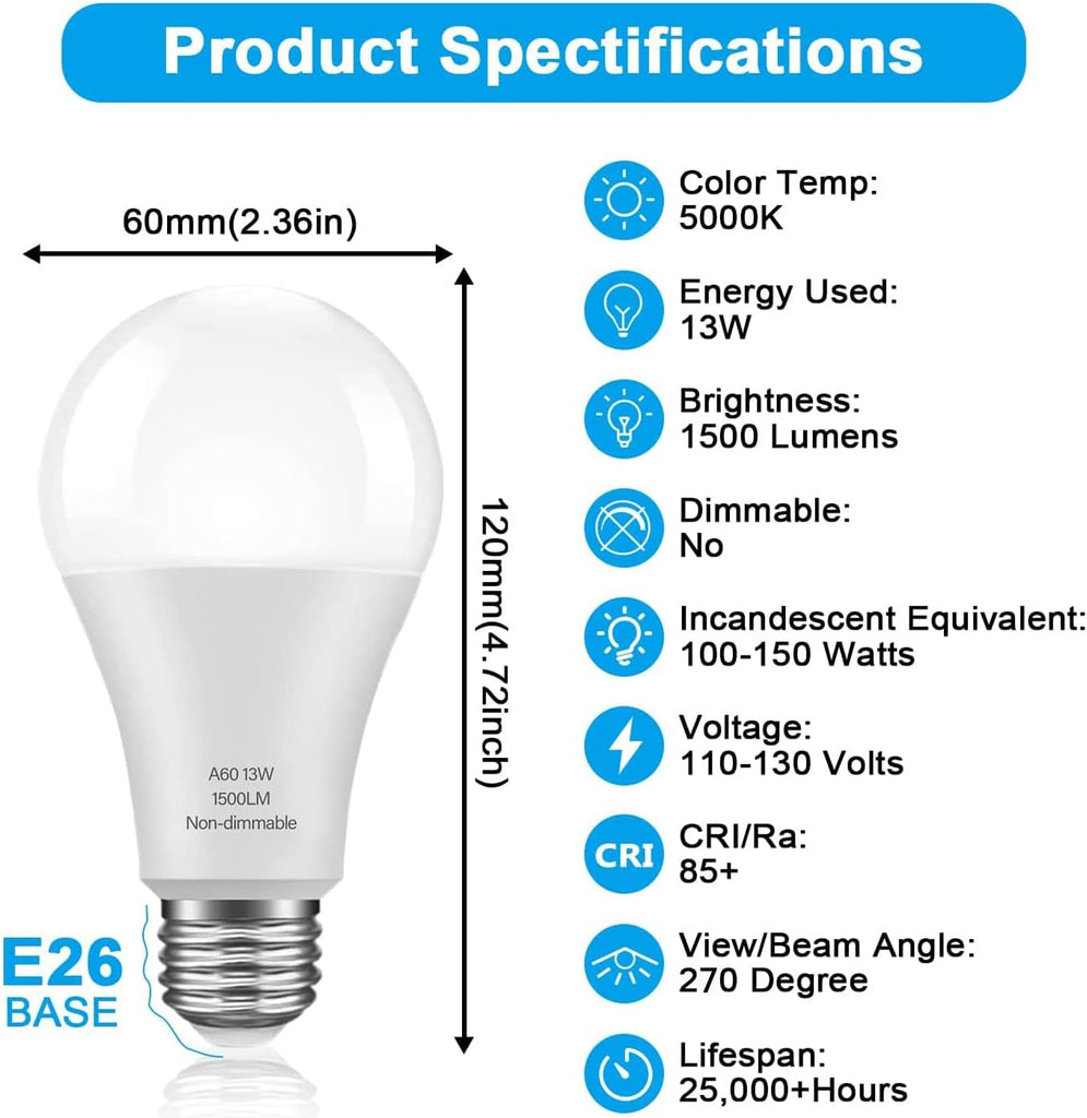 100 Watt Equivalent LED Light Bulbs, A19 Daylight White 5000K