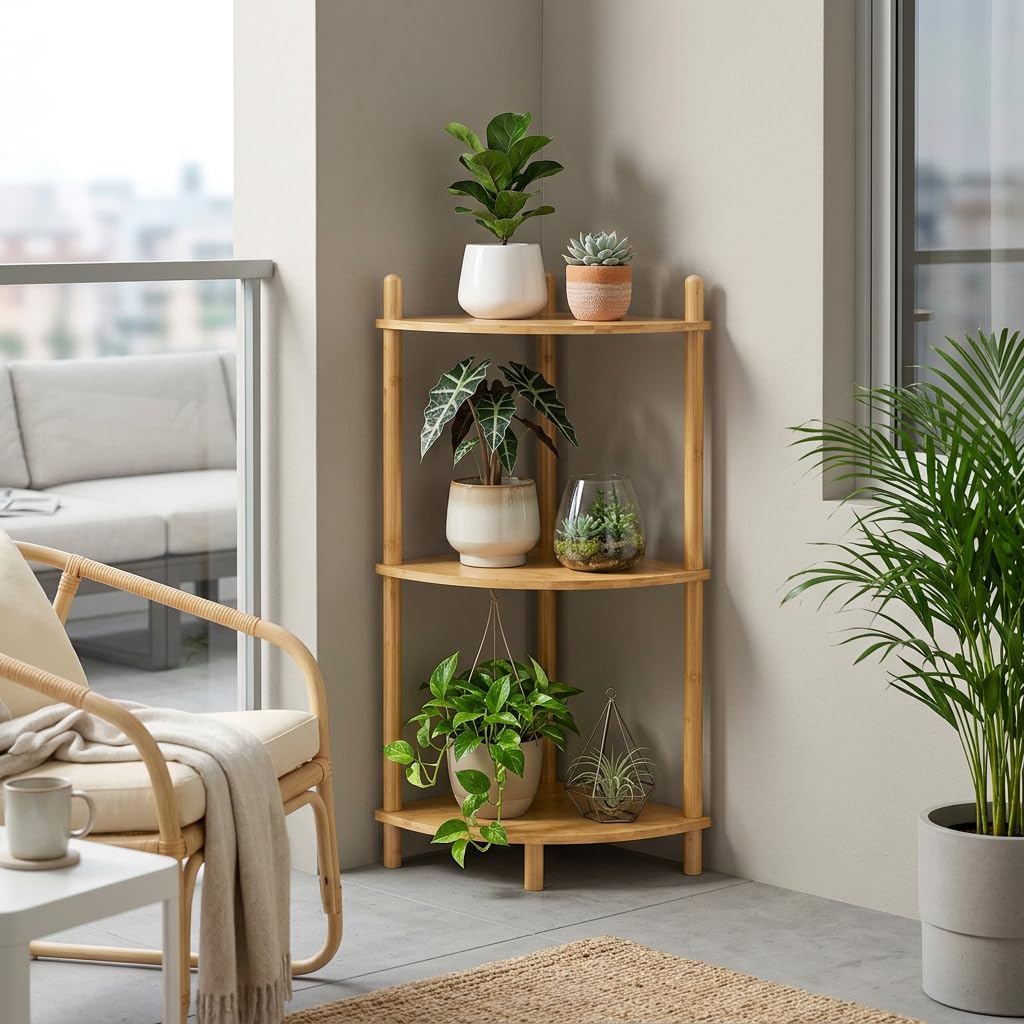 3‐Tier Expandable Bamboo Corner Shelf, Display Storage Stand, Natural
