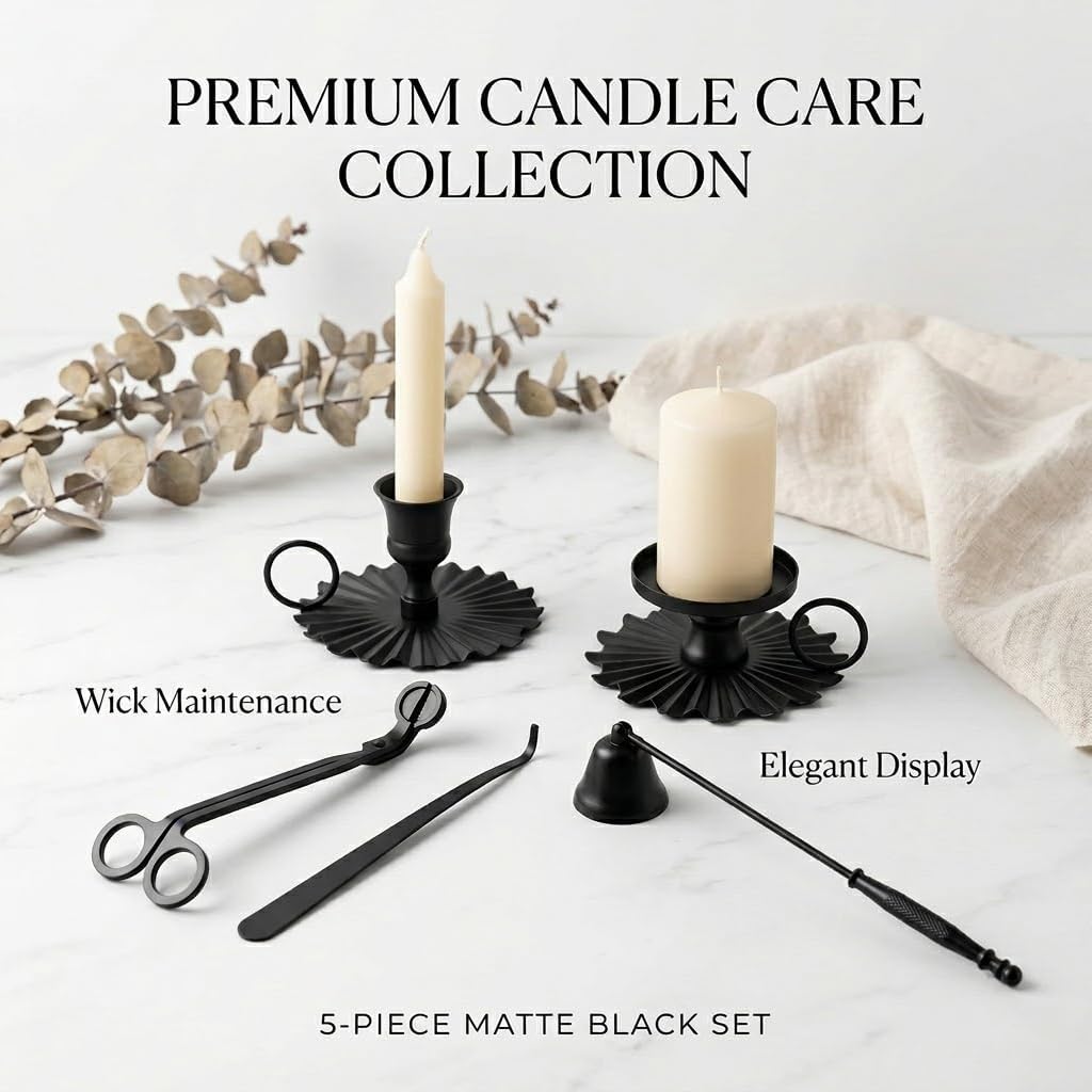 Candle Accessory Set - Wick Trimmer, Snuffer, Dipper, Lighter, Candle Holder - Stainless Steel - Set of 5