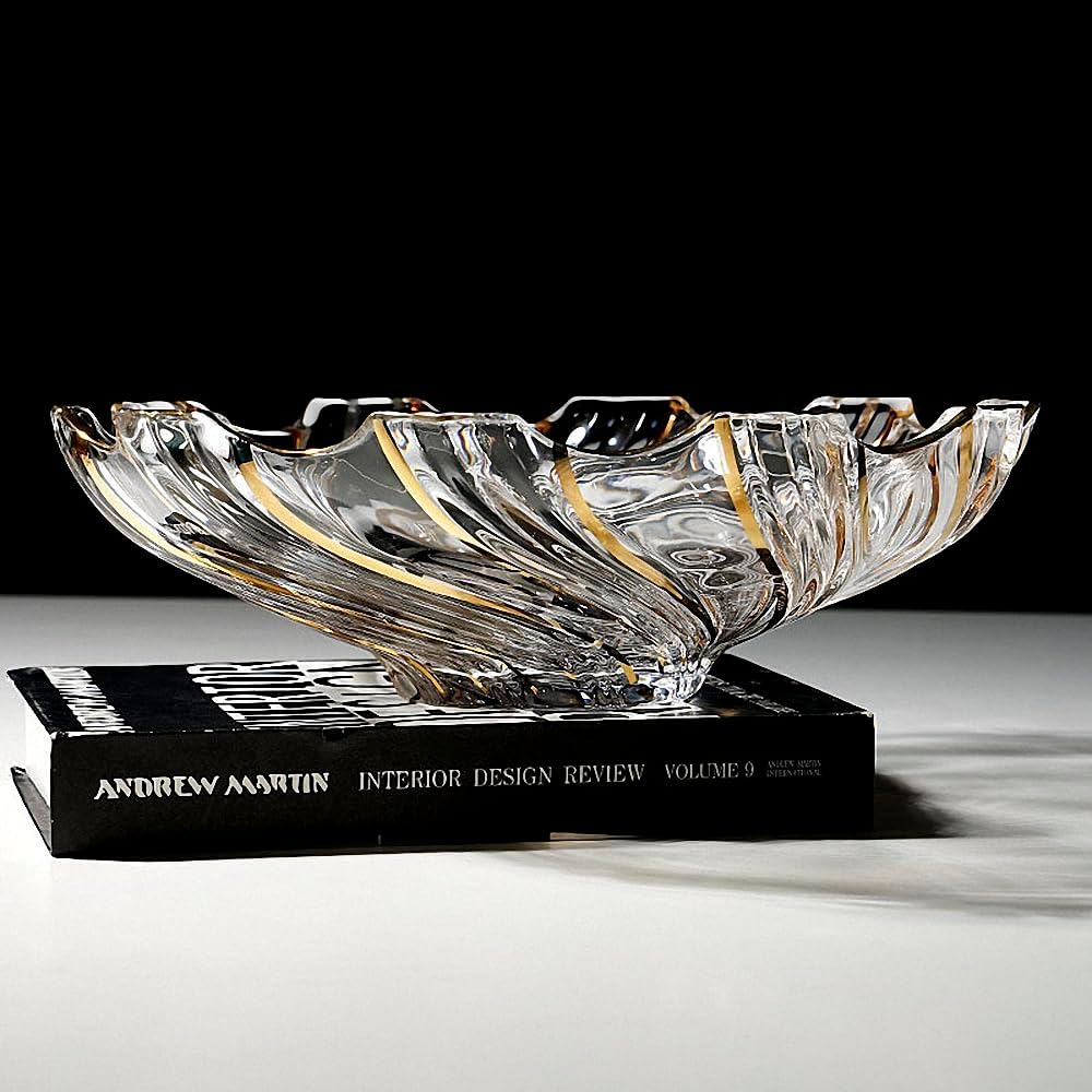 Large Hand Painted Gold Whirlwind shaped Crystal Glass Decorative Bowl-12.6 inch Diameter.