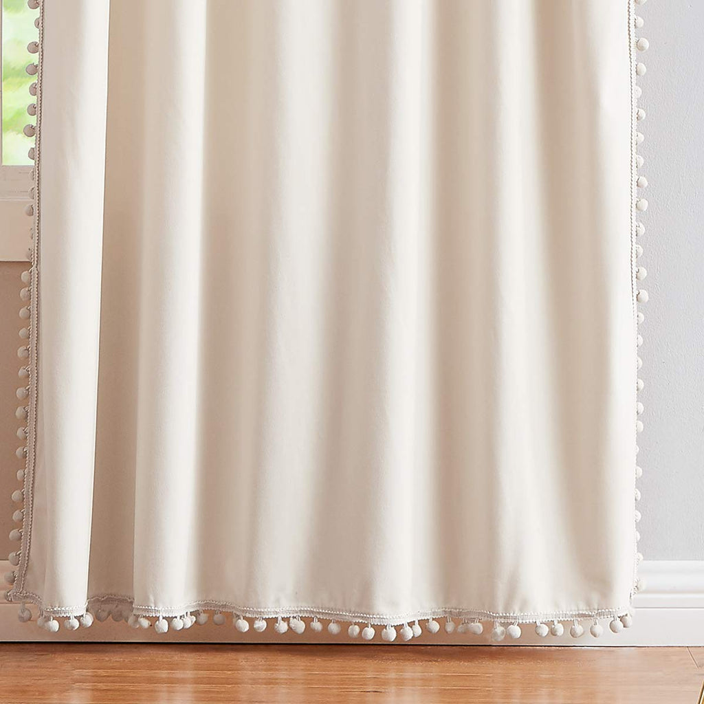 Ivory Velvet Curtains 40x95" Pom Pom Bedroom Window Drape 2