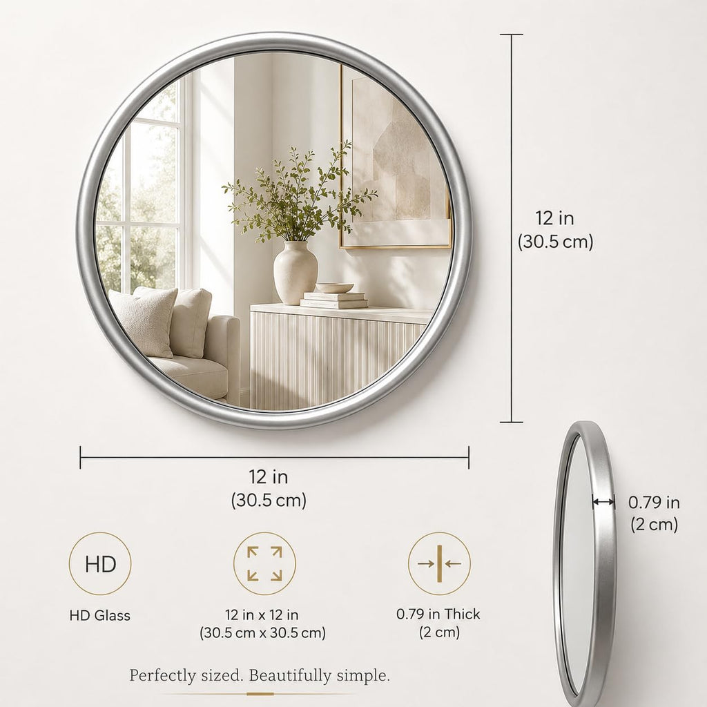 12 Inch Round Glass Mirror Set of 2, Silver Metal Framed Decorative Mirror for Wall, Non-Distortion Small Rounded