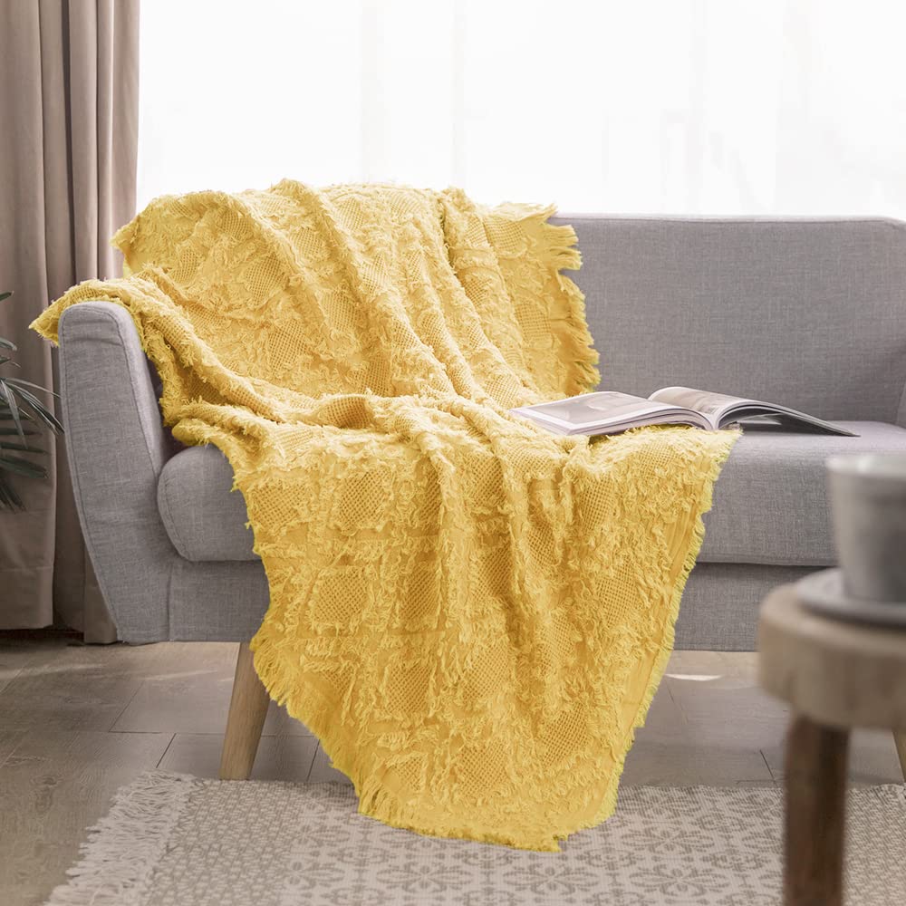 100% Cotton Throw Blanket for Bed, Couch, Boho Textured Geometric Knit Woven Blanket with Tassels Soft, Lightweight