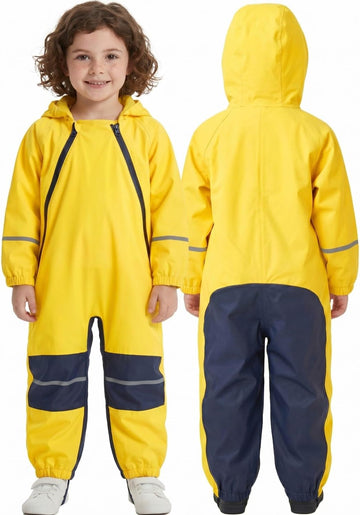 Kids Waterproof Rain Suit Coverall, Hooded One-Piece Puddle Suit for Outdoor Play & Muddy Days