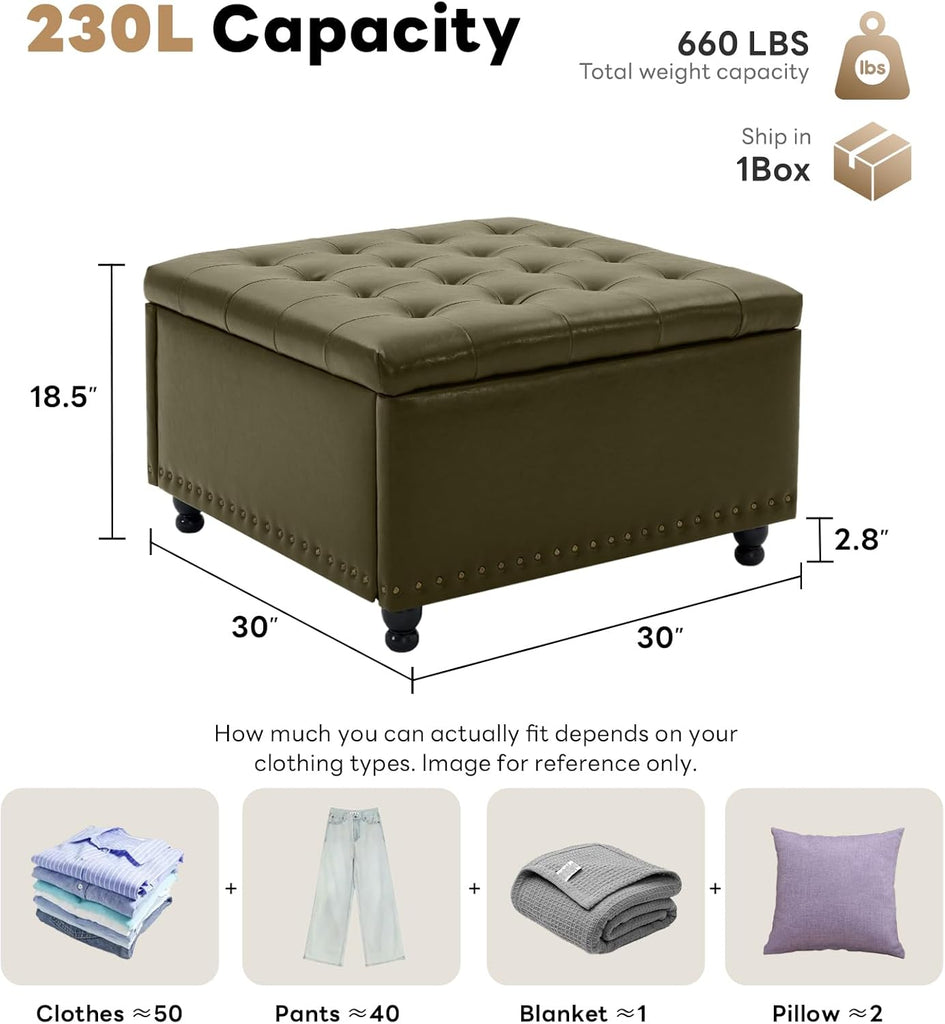 Large Square Storage Ottoman Bench, Tufted Upholstered Coffee Table with Storage, Oversized Storage Ottomans Toy Box