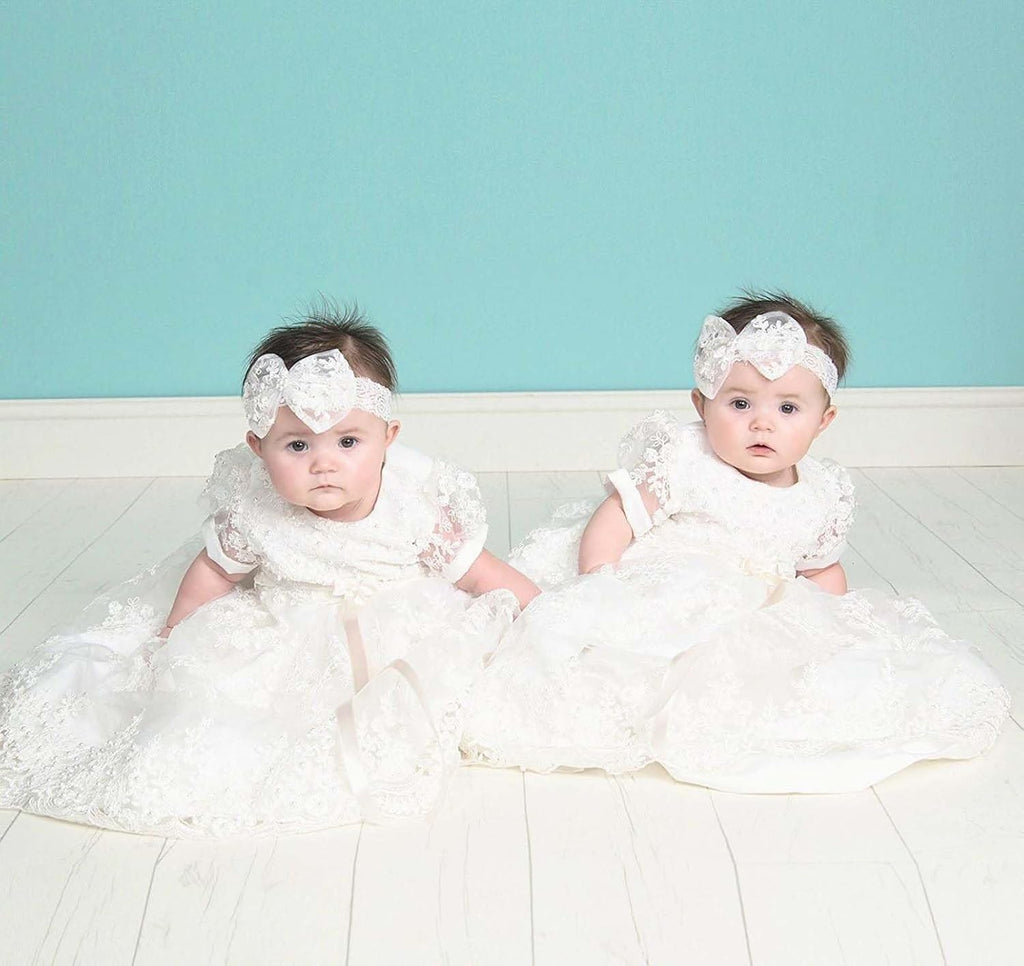 Pretty headband lace long Christening Baptism Dress for baby girl