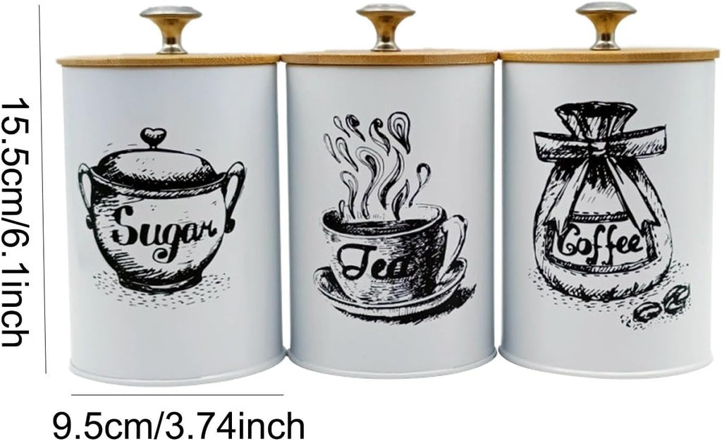 3-Piece Kitchen Canister Set for Coffee Tea Sugar, Iron and Bamboo Countertop Storage Jars with Dustproof Lids - Set of 3