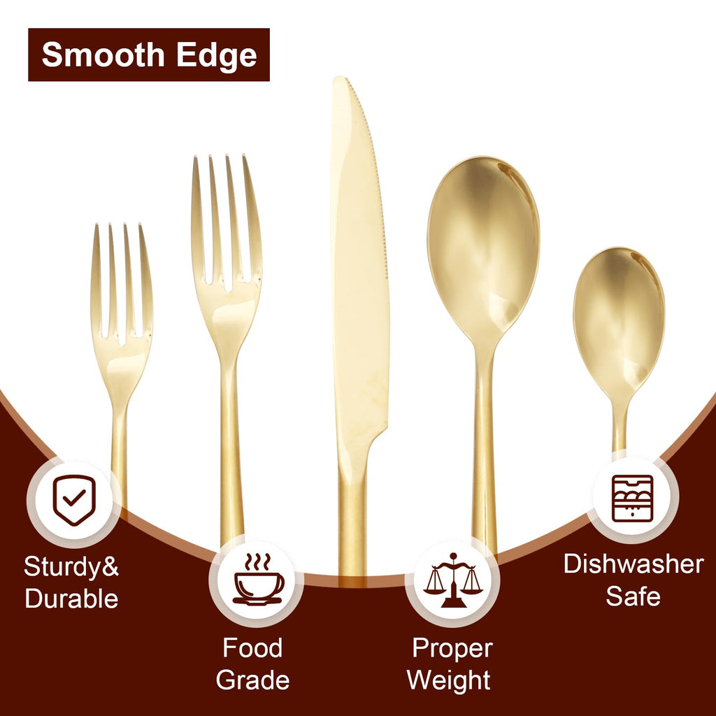 Gold 20-Piece Silverware Set with Handle, Stainless Steel Flatware Set, Cutlery Set Mirror Polished, Dishwasher Safe