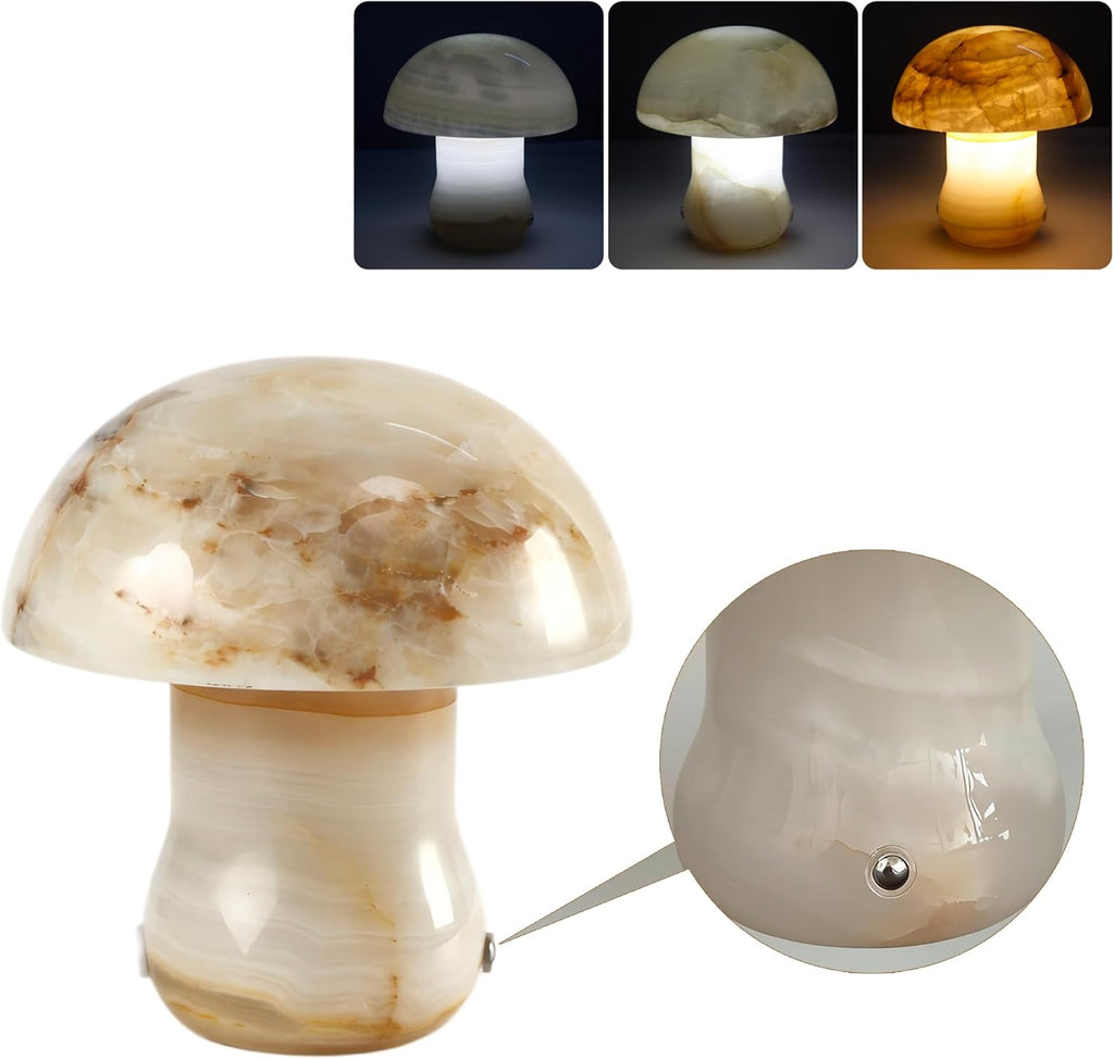 Natural Dolomite Marble Mushroom Lamp,Natural Gemstone Table Lamp Unique Crystal Veins Three-Color Temperature