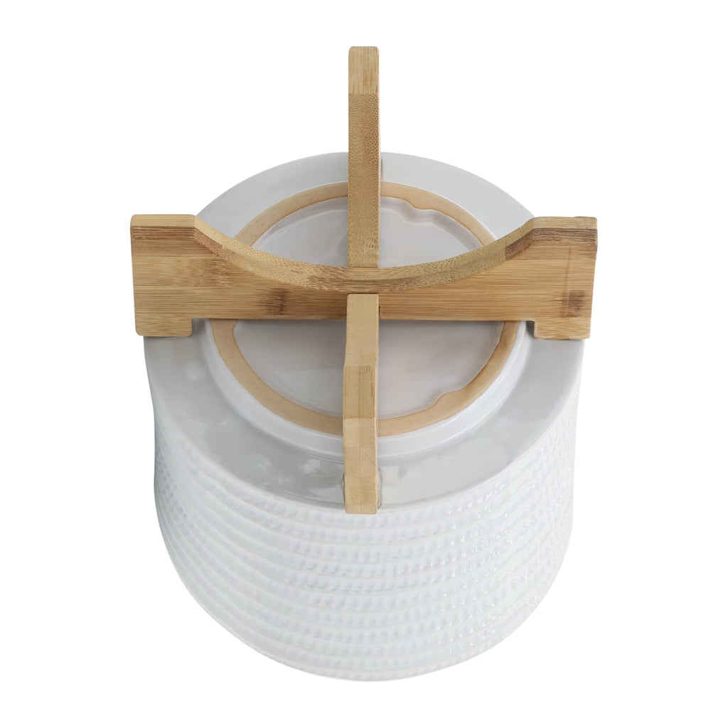 Ceramic Planter with Bamboo Stand - Modern Home Decor Indoor Plant Pot with Textured Stoneware Design - Decorative