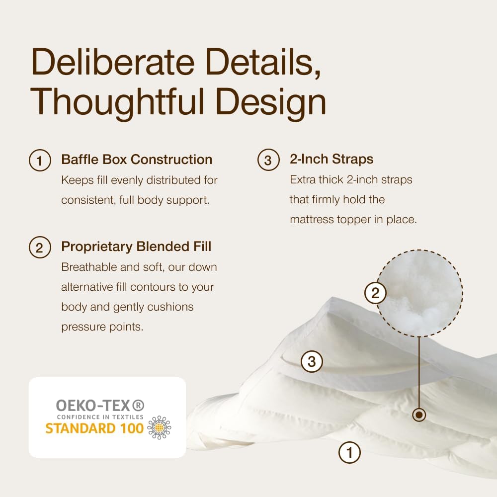 Home Goods Essence Down Alternative Mattress Topper Queen, Plush 2-Inch Gusset and Baffle Box Design for Even Support