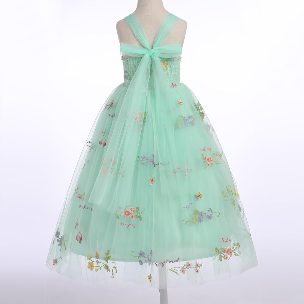 Floral Embroidered Tulle Dress Girls Sleeveless Spaghetti Straps Formal Birthday Wedding Pageant Party Tulle Dresses