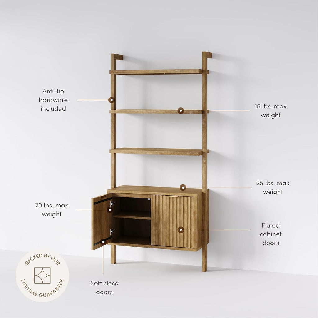 Jasper 3-Shelf Solid Wood Boho Bookshelf, Wall Mounted Bookshelf with Cabinet with Fluted Doors, Light Brown