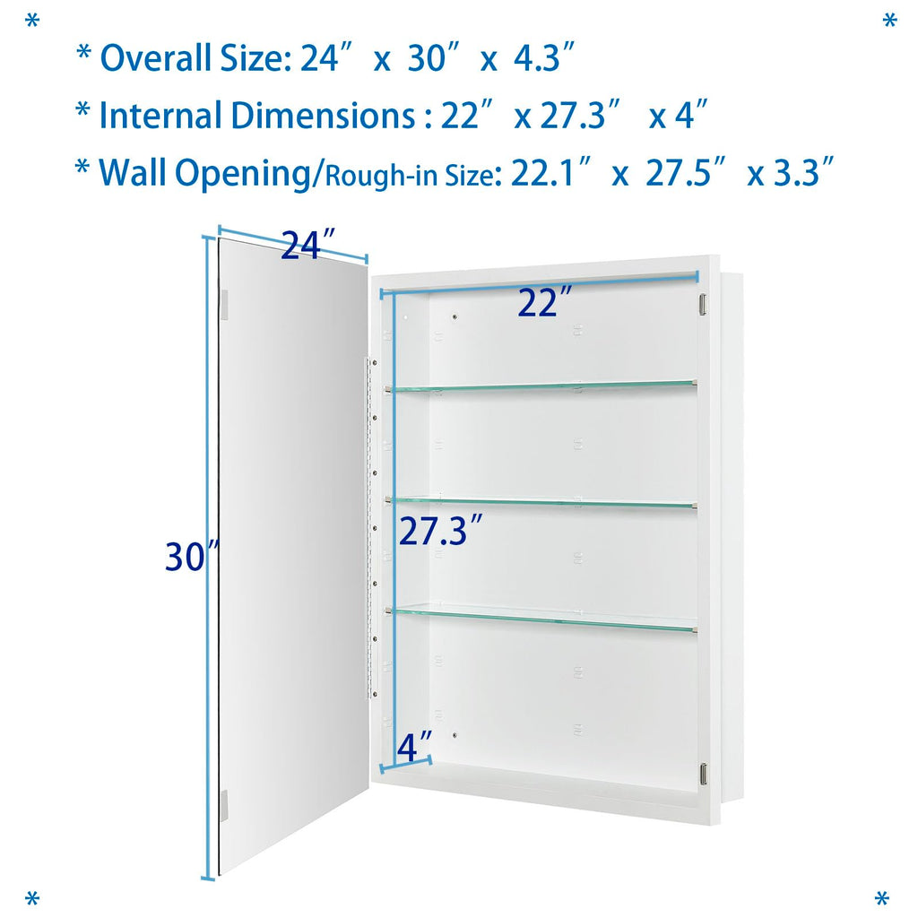 Bathroom Medicine Cabinet with Beveled Edge Mirrored Door 24 x 30 inch, Recessed or Surface Mount, with Adjustable