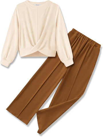 Girls 2 Piece Outfits Twist Front Sweatshirt Wide Leg Sweatpants