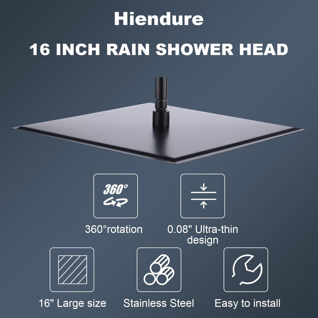 Shower Head,16 Inch Ultra Thin High Pressure Fixed Rain Showerhead Matte Black with Silicone Nozzle - Adjustable