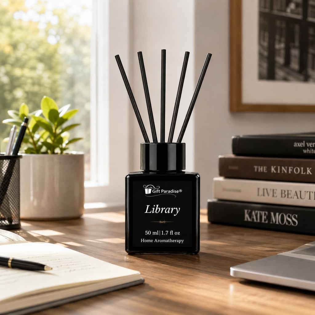 Library Luxury Reed Diffuser Set - 50 ml Scented Oil with Glass Bottle & Reed Sticks, Warm Woody Book-Inspired Home - Set of 17